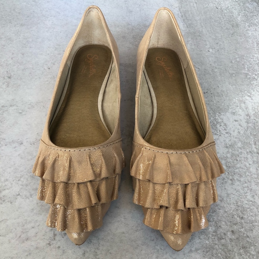 Seychelles Gold Shimmer Pointed Toe Ruffle Flats